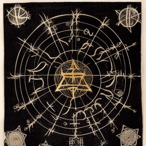 Occult astrological symbolism drawn in silver and gold ink on black paper, 10th century manuscript illustration