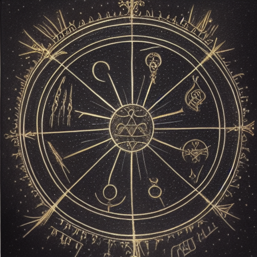Occult astrological symbolism drawn in silver and gold ink on black paper, 10th century manuscript illustration