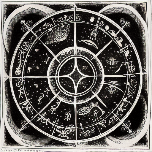 Occult astrological symbolism drawn in silver and gold ink on black paper, 10th century manuscript illustration