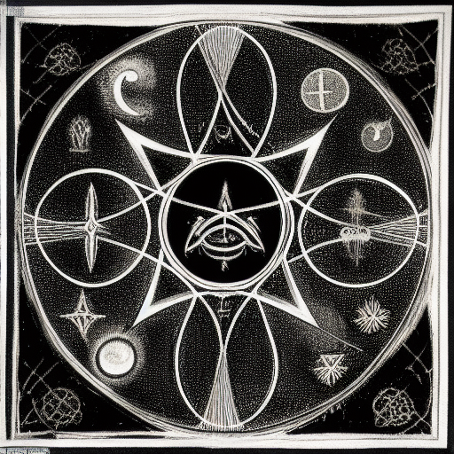 Occult astrological symbolism drawn in silver and gold ink on black paper, 10th century manuscript illustration