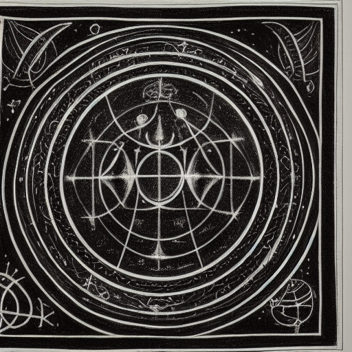 Occult astrological symbolism drawn in silver and gold ink on black paper, 10th century manuscript illustration