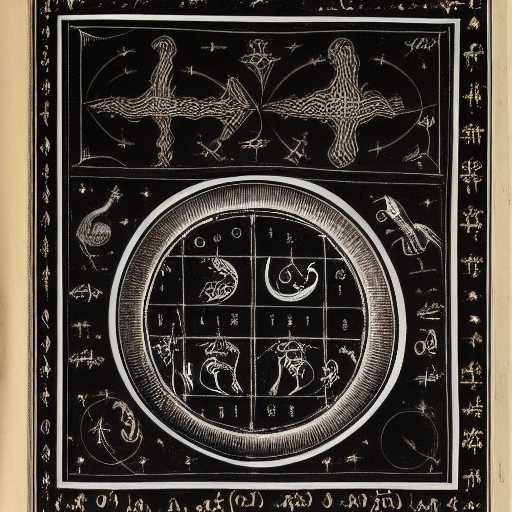 12th century illustrated astrological manuscript in an unknown alphabet, silver ink on black paper, high-contrast scan