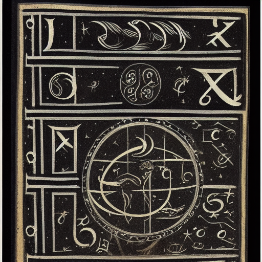 12th century illustrated astrological manuscript in an unknown alphabet, silver ink on black paper, high-contrast scan