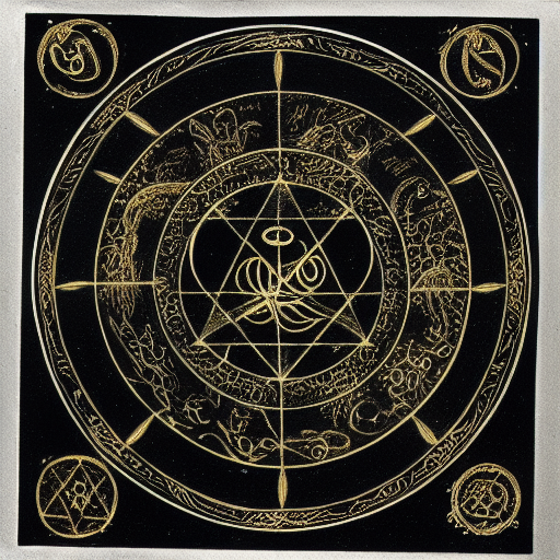 Occult astrological symbolism drawn in silver and gold ink on black paper, 10th century manuscript illustration