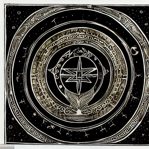 Occult astrological symbolism drawn in silver and gold ink on black paper, 10th century manuscript illustration