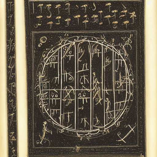 12th century illustrated astrological manuscript in an unknown alphabet, silver ink on black paper, high-contrast scan