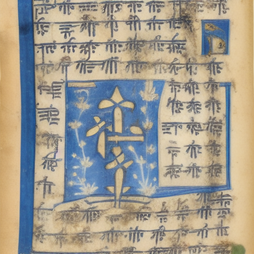 12th century manuscript in an unknown alphabet, blue floral margin illumination