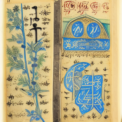 12th century manuscript in an unknown alphabet, blue floral margin illumination, drawings of a city, travelogue