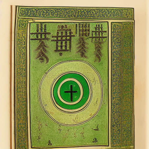 12th century manuscript in an unknown alphabet, green illumination, drawings of a city, travelogue