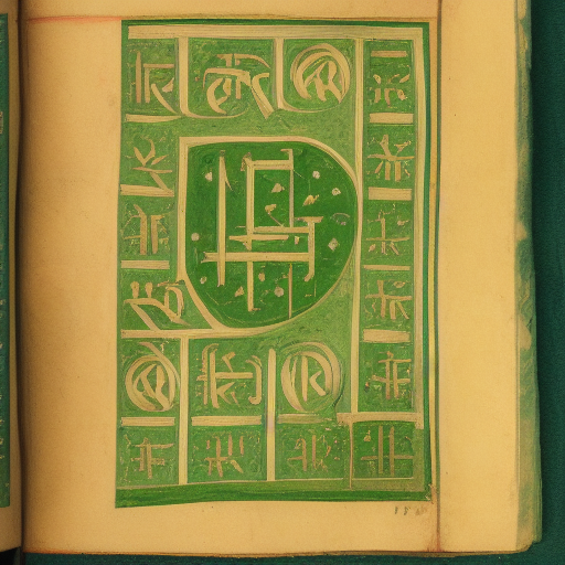 12th century manuscript in an unknown alphabet, green illumination, drawings of a city, travelogue