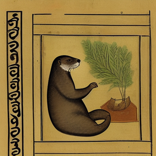 An otter learning to write in the Devanagari script in front of the bookshelves of the linguistics library, 10th century manuscr