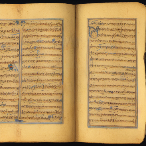 12th century manuscript in an unknown alphabet, blue floral margin illumination, drawings of a city, travelogue