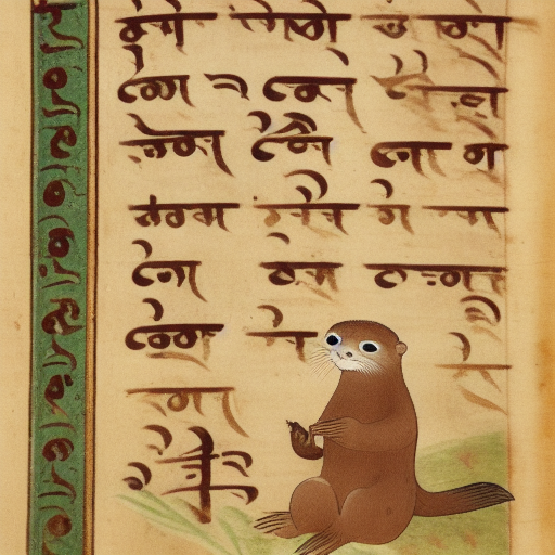 An otter learning to write in the Devanagari script in front of the bookshelves of the linguistics library, 10th century manuscr