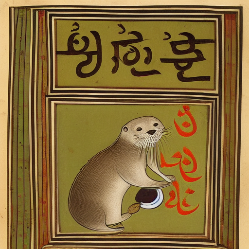 An otter learning to write in the Devanagari script in front of the bookshelves of the linguistics library, 10th century manuscr
