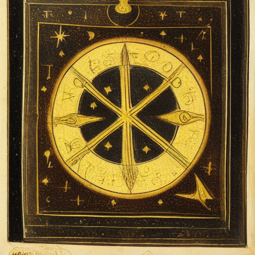 Astrological occult symbolism, 12th century manuscript illustration, golden ink