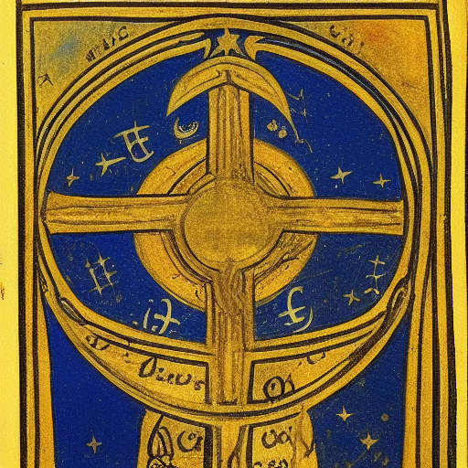 Astrological occult symbolism, 12th century manuscript illustration, gold ink