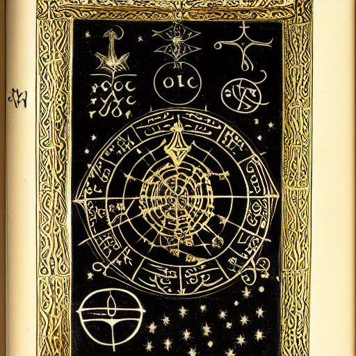 Occult astrological symbolism drawn in silver and gold ink on black paper, 10th century manuscript illustration