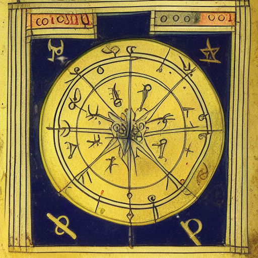Astrological occult symbolism, 12th century manuscript illustration, golden ink