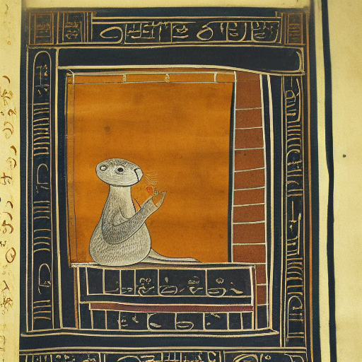 An otter learning to write in the Devanagari script in front of the bookshelves of the linguistics library, 10th century manuscr