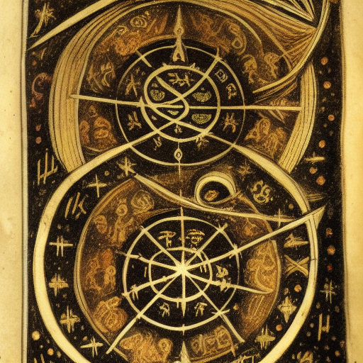 Astrological occult symbolism, 12th century manuscript illustration, golden ink