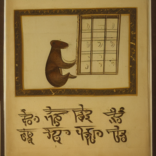 An otter learning to write in the Devanagari script in front of the bookshelves of the linguistics library, 10th century manuscr