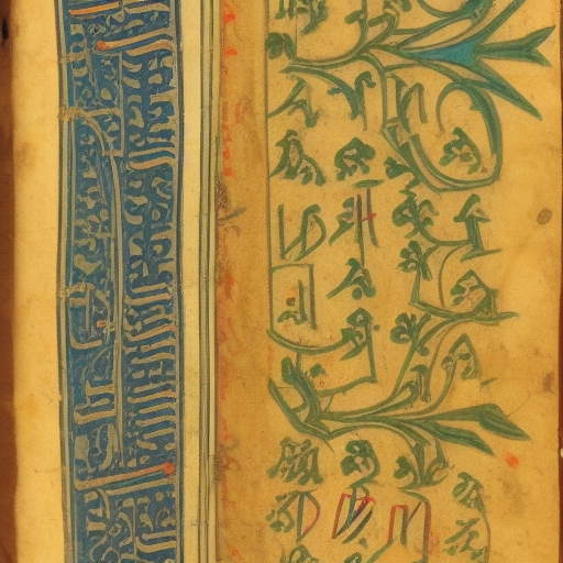 12th century manuscript in an unknown alphabet, blue floral margin illumination, drawings of a city, travelogue