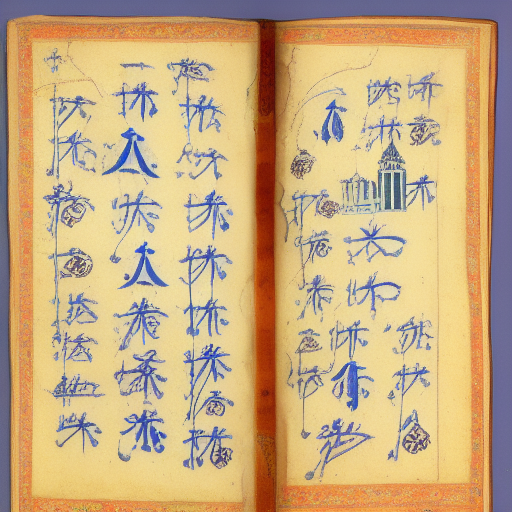12th century manuscript in an unknown alphabet, blue floral margin illumination, drawings of a city, travelogue