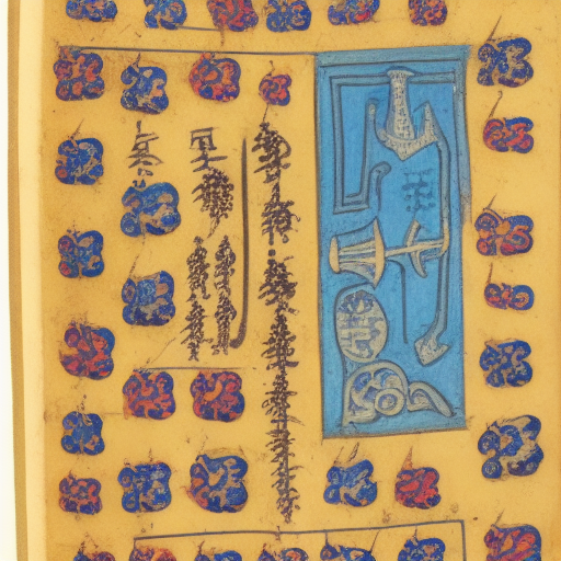 12th century manuscript in an unknown alphabet, blue floral margin illumination, drawings of a city, travelogue