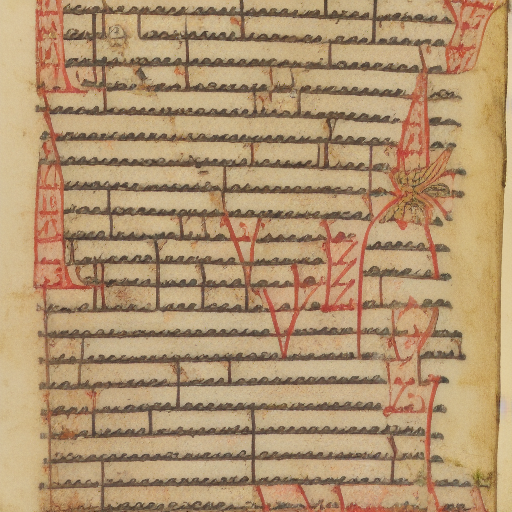 12th century manuscript in an unknown alphabet, colourful margin illumination pattern