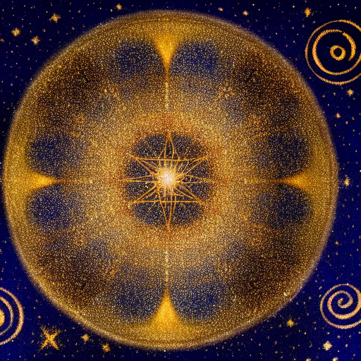 A starry night sky in the center, mystical symbols in golden ink around it
