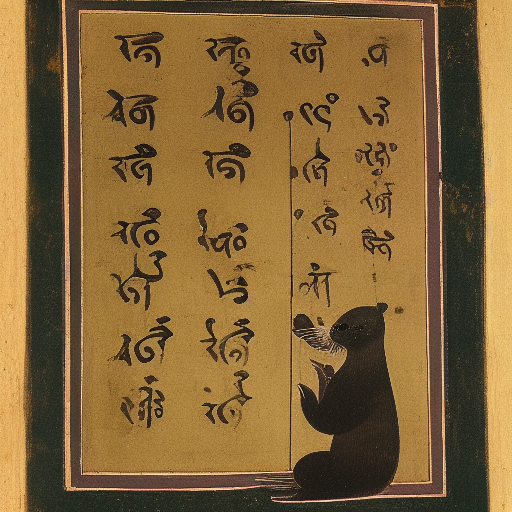 An otter learning to write in the Devanagari script in front of the bookshelves of the linguistics library, 10th century manuscr