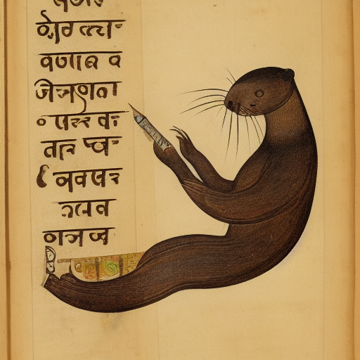 An otter learning to write in the Devanagari script in front of the bookshelves of the linguistics library, 10th century manuscr