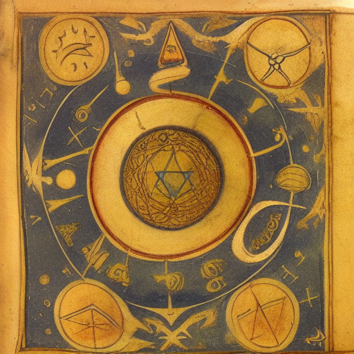 Astrological occult symbolism, 12th century manuscript illustration, golden ink