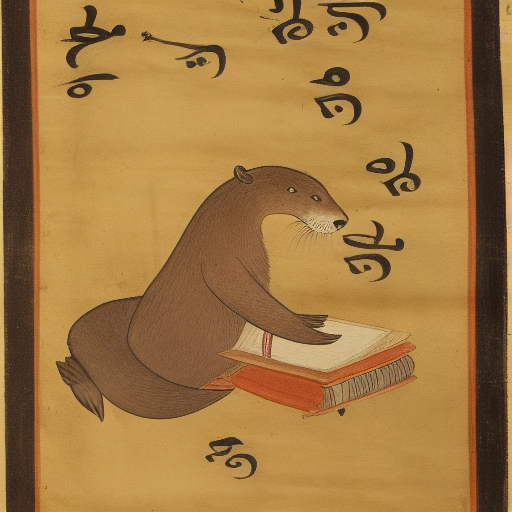 An otter learning to write in the Devanagari script in front of the bookshelves of the linguistics library, 10th century manuscr
