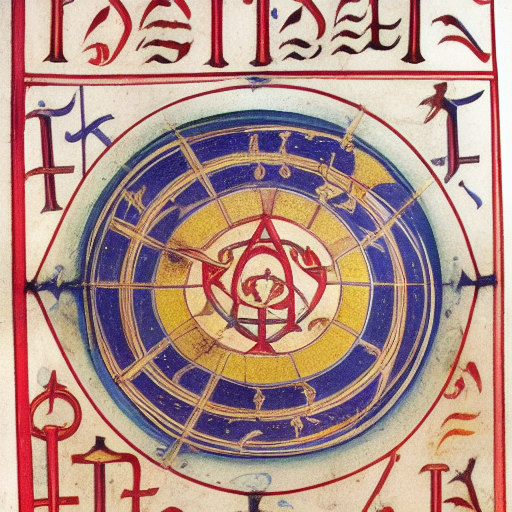Astrological occult symbolism, 12th century manuscript illustration, red ink