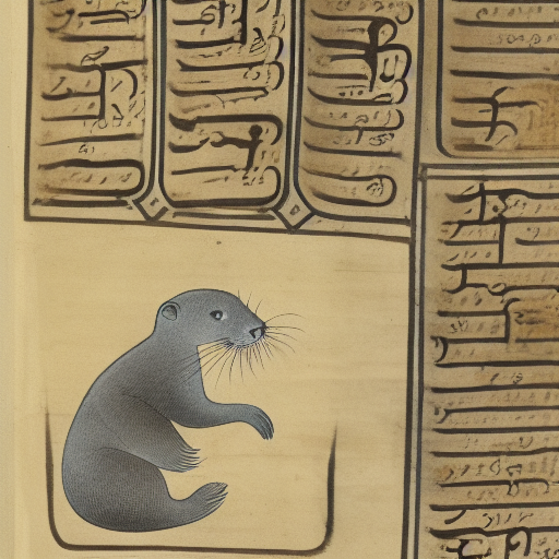An otter learning to write in the Devanagari script in front of the bookshelves of the linguistics library, 10th century manuscr