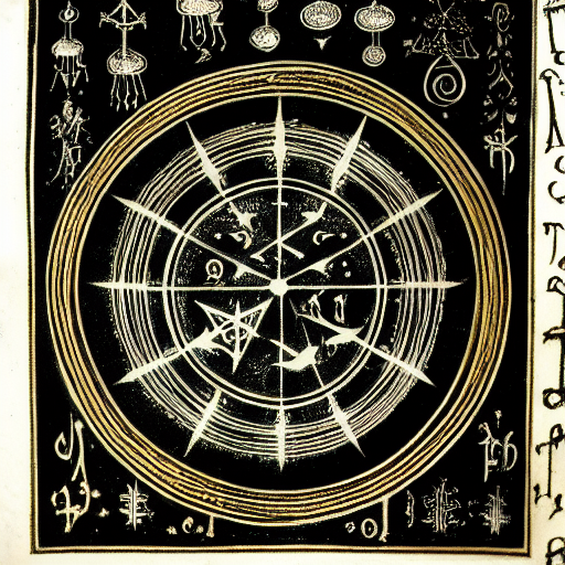 Occult astrological symbolism drawn in silver and gold ink on black paper, 10th century manuscript illustration