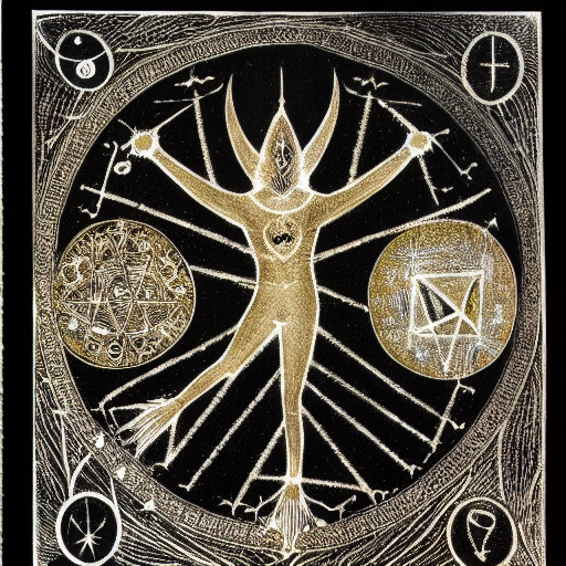 Occult astrological symbolism drawn in silver and gold ink on black paper, 10th century manuscript illustration