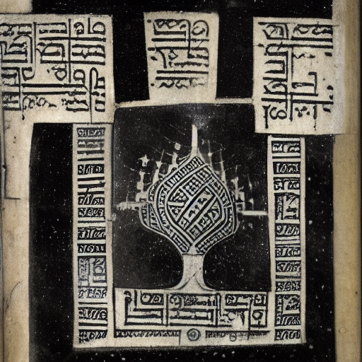 Astral symbolism written in silver ink on dark paper, manuscript illustration, 10th century, jewish