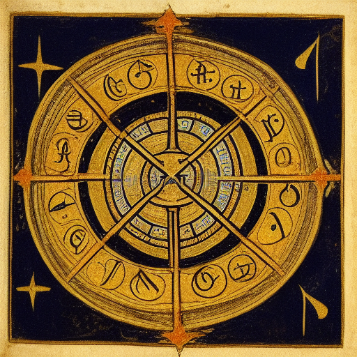 Astrological occult symbolism, 12th century manuscript illustration, golden ink