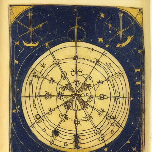 Astrological occult symbolism, 12th century manuscript illustration, golden ink