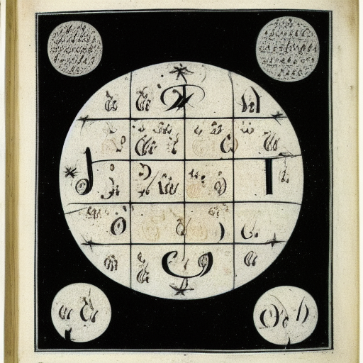 12th century illustrated astrological manuscript in an unknown alphabet, silver ink on black paper, high-contrast scan