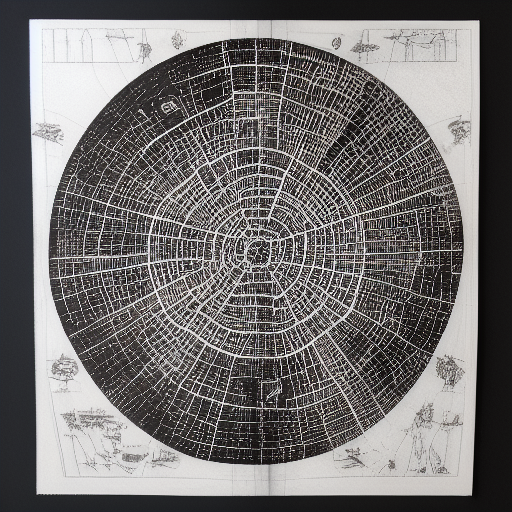 City scape map graphed in silver ink on black paper, 10th century manuscript