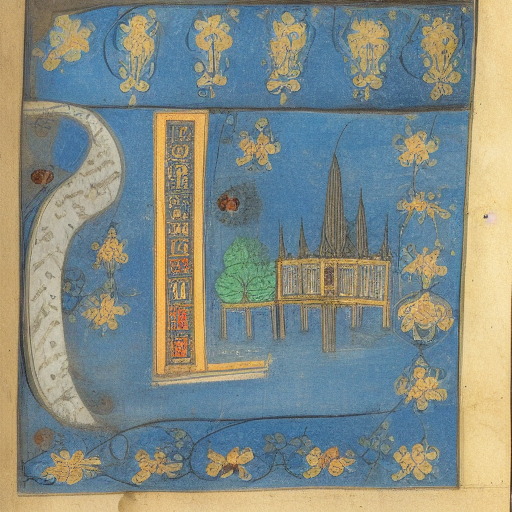12th century manuscript in an unknown alphabet, blue floral margin illumination, drawings of a city, travelogue