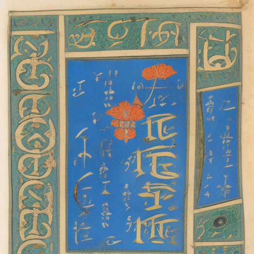 12th century manuscript in an unknown alphabet, blue floral margin illumination, drawings of a city, travelogue