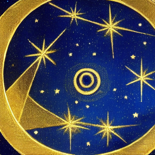 A starry night sky in the center, mystical symbols in golden ink around it